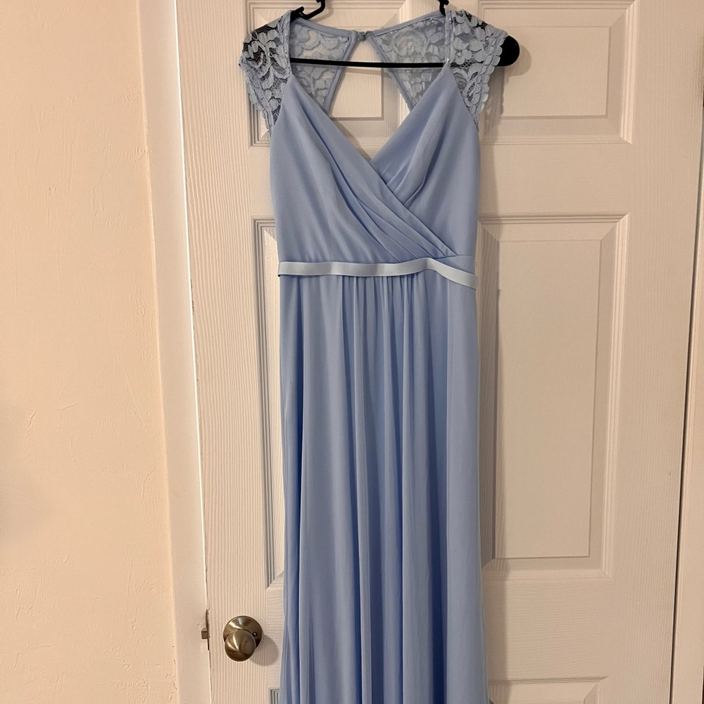 David’s bridal bridesmaid dress ice blue LONG MESH DRESS WITH LACE CAP SLEEVES